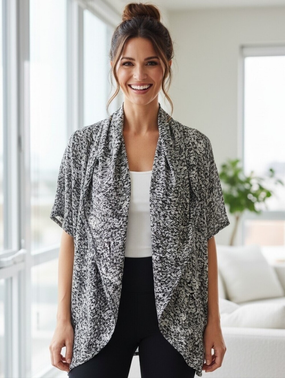 Avenue   Marled Black and White Short Sleeve Open Front Cardigan